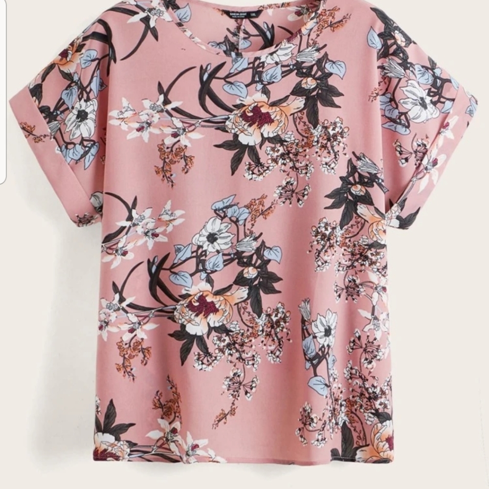 SHEIN Curve Pink Floral Print Cuffed Top